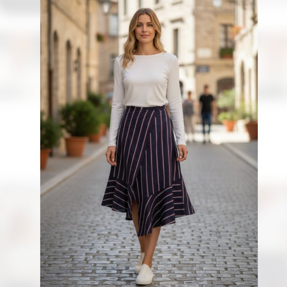 NWT FRENCH CONNECTION Celoa Wrap Skirt Striped Navy Nautical